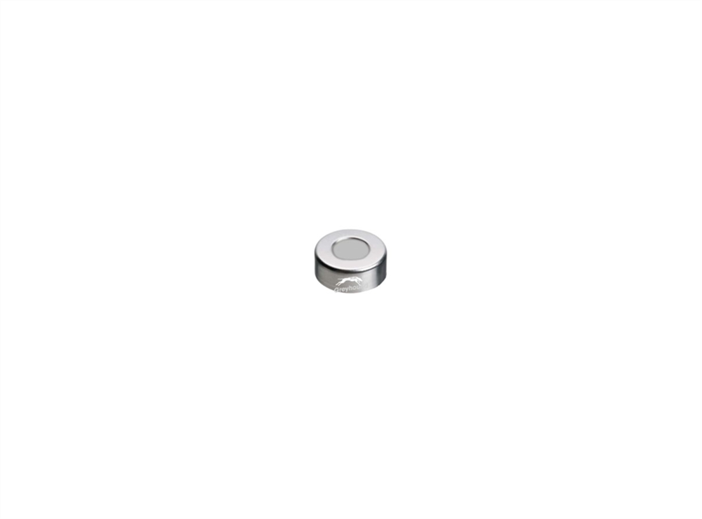Picture of 20mm Magnetic Crimp Cap, Silver, Open 8mm Hole, with PTFE/Grey Butyl Septa, 3mm, (Shore A50)